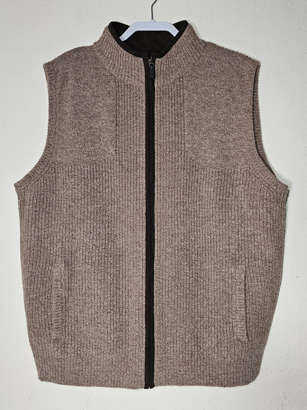 LL Bean Sweater Vest Mens XL Sable Brown Waterfowl 100% Merino Lambswool Zip